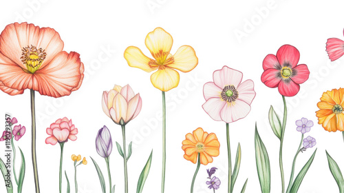 Colorful spring flowers on transparent background