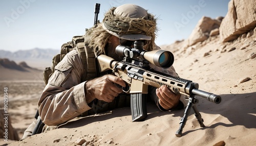 Desert Sniper: Camouflaged Soldier with High-Powered Rifle in Arid Landscape photo