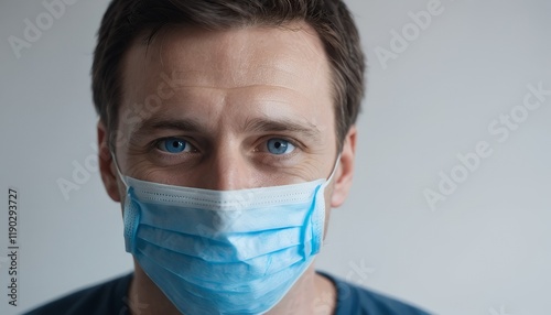 Portrait of a Man Wearing a Light Blue Medical Mask, Showing Hope and Resilience During Pandemic photo