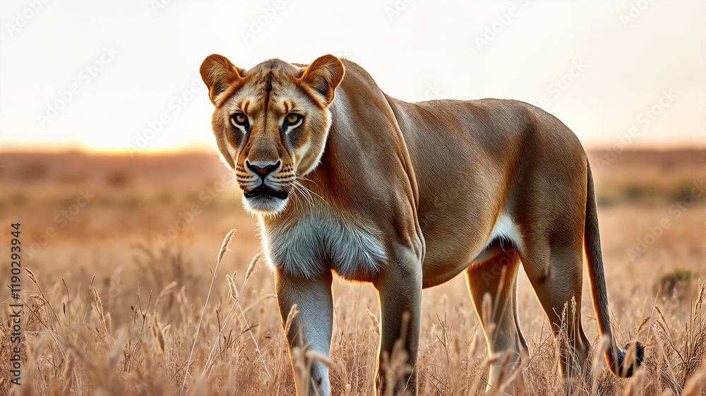Obraz premium Lioness walking in tall grass at sunset