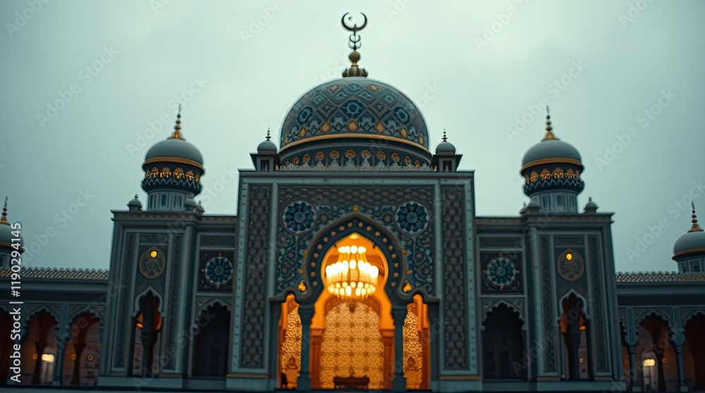 luxury Islamic mandala in sharp focus, positioned against a softly blurred bokeh background. The cinematic