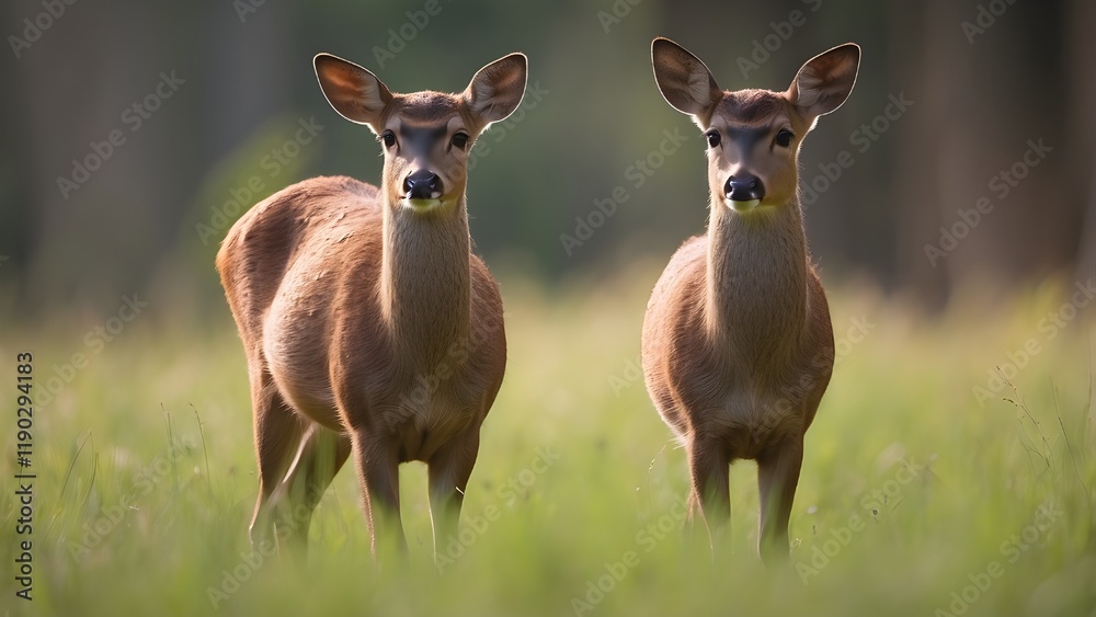 Fototapeta premium A small brown deer stands in a green meadow, gazing curiously with big eyes. Its warm brown coat and emerging antlers shine in the bright sunlight, surrounded by tall, lush grass. 