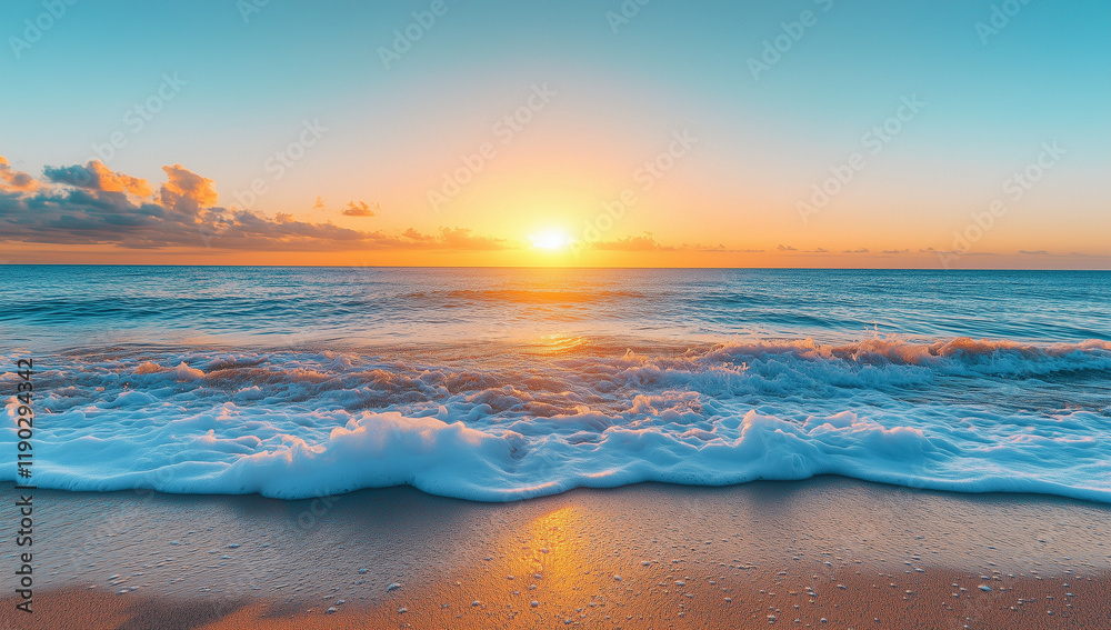 Obraz premium A serene beach at sunset, with gentle waves lapping against the shore 