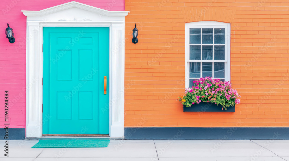 Fototapeta premium Bright teal door and orange brick building facade with flowers