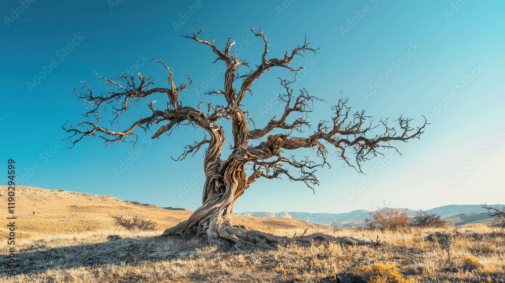 Fototapeta premium Majestic Ancient Twisted Tree Standing Alone in Serene Landscape Under Clear Sky
