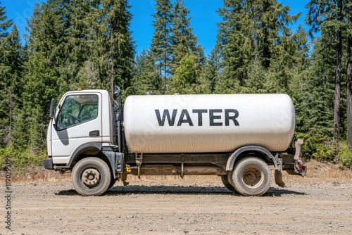Rural water tanker truck parked on a dirt road surrounded by lush forest