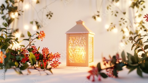 A table centerpiece featuring a glowing lantern surrounded by seasonal flowers. The soft lighting enhances the festive mood on a clean white backdrop. photo