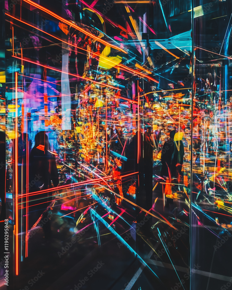Fototapeta premium Abstract Neon Light Installation with Vibrant Colors and Reflective Surfaces 