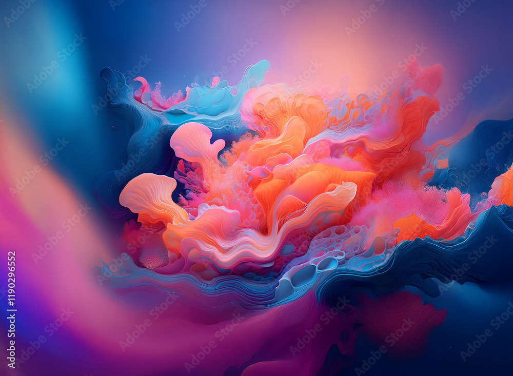 Obraz premium Abstract image featuring vibrant, swirling colors in shades of pink, orange, and blue against a blurred background. The forms resemble clouds or smoke, creating a dynamic and ethereal scene.