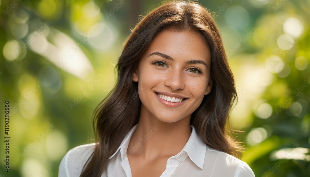 Radiant Young Woman Smiling Outdoors in Lush Green Nature Radiant Young Woman Smiling Outdoors in Lush Green Nature