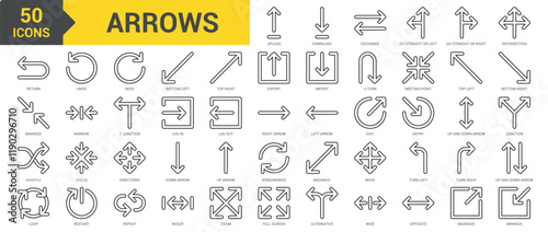 Arrows icon collection set. Containing turn left, turn right, up and down arrow, restart, resize, zoom, full screen, alternative, return, directions, arrow, maximize, minimize icon. Simple line vector