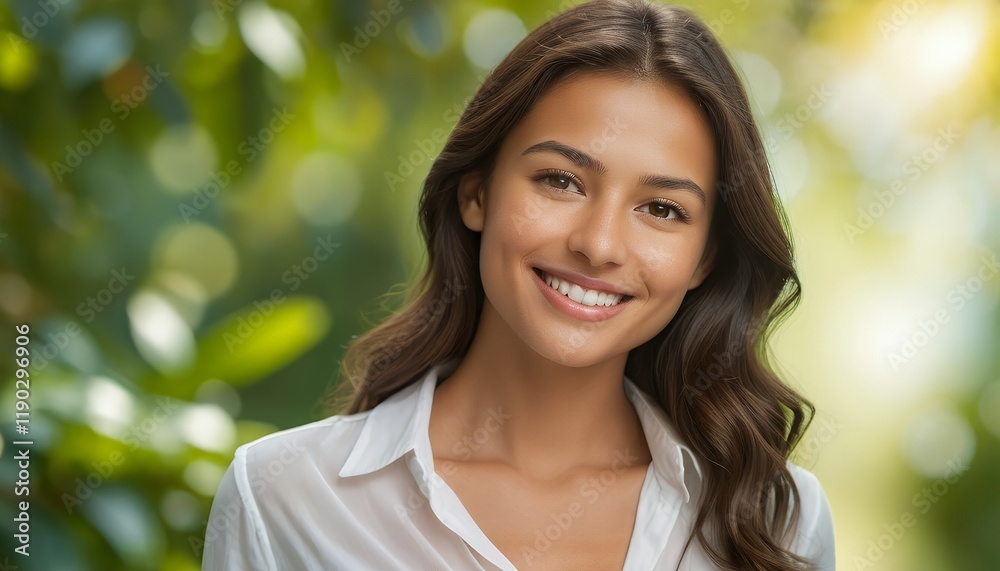Smiling Woman Portrait Against a Lush Green Background A Radiant and Joyful Image of Female Beauty and Natural Serenity Smiling Woman Portrait Against a Lush Green Background A Radiant and Joyful Image of Female Beauty and Natural Serenity