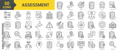 Assessment icon collection set. Containing guarantee, target, checklist, validity, conclusion, evaluation, objective, quality, standard, strategy, result, verification, audit icon. Simple line vector