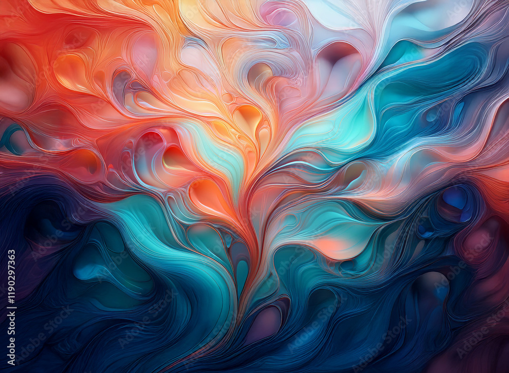 Obraz premium Abstract swirling artwork with vibrant colors and fluid forms. The background features a blend of deep blues, oranges, and pinks creating a dynamic, almost ethereal feel.