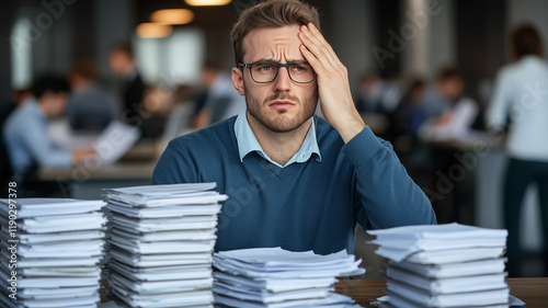 Young man sits at desk overwhelmed by paperwork in office
 photo