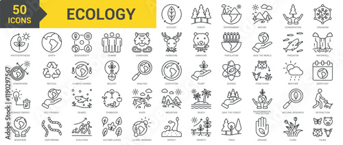 Ecology icon collection set. Containing forest, environment, nature, conservation, organism, photosynthesis, atmosphere, biomass energy, biosphere, earth, biodiversity, nature icon. Simple line vector
