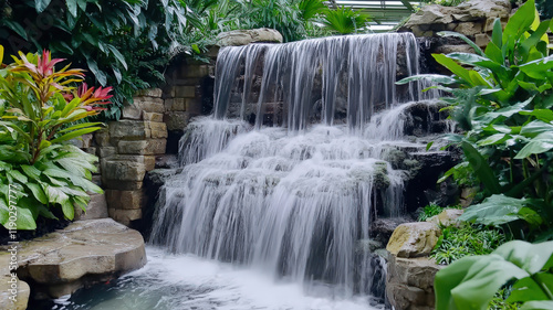 A serene waterfall cascading down smooth rocks, surrounded by lush greenery, creating a peaceful natural landscape perfect for outdoor or environmental themes.
