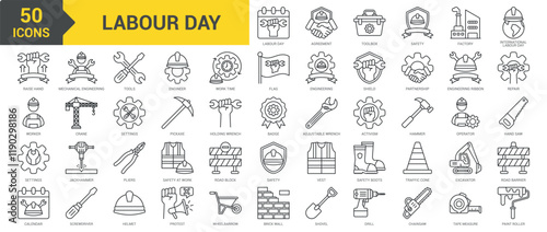 Labor Day icon collection set. Containing engineer, operator, agreement, toolbox, safety, factory, worker, mechanical engineering, safety, helmet, engineering, tools icon. Simple line vector