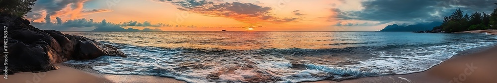 Fototapeta premium Beautiful sunset over the beach with waves crashing on the shore, showcasing amazing details and high-definition quality, perfect composition, and masterful photography skills.
