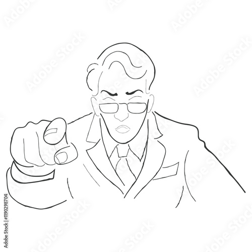 hand drawn line art vector of a grumpy man pointing finger.
