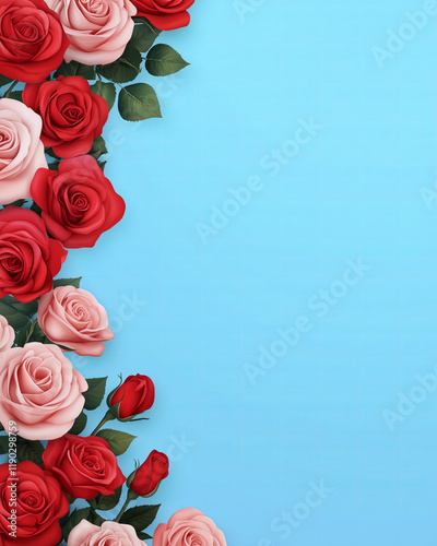 Red and Pink Roses Border on Light Blue Background for Elegant Floral Design
