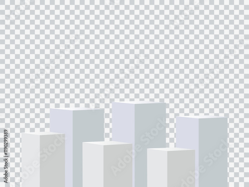 Six blank square podiums stand to show products on transparent background, Vector illustration.