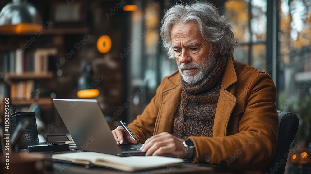 Senior Man Working Remotely at a Cozy Home Office Senior Man Working Remotely at a Cozy Home Office