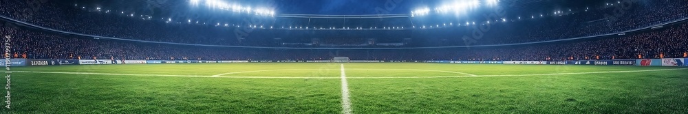 Fototapeta premium Empty football field at night with perfect composition, high-definition quality and sports design background material, ideal for sports themes, professional photography, and design projects.