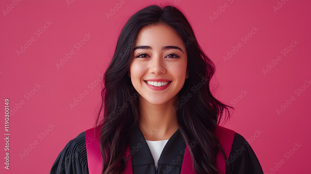 Smiling woman in graduation gown on pink backdrop. Perfect for educationthemed projects, graduation announcements, or inspirational designs. Smiling woman in graduation gown on pink backdrop. Perfect for educationthemed projects, graduation announcements, or inspirational designs.