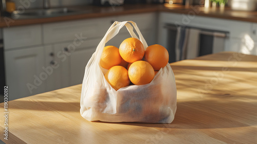 Fresh organic oranges nestled in eco-friendly grocery bag on rustic wooden counter surface capture healthy shopping choices while sharp details showcase morning kitchen preparation space.
