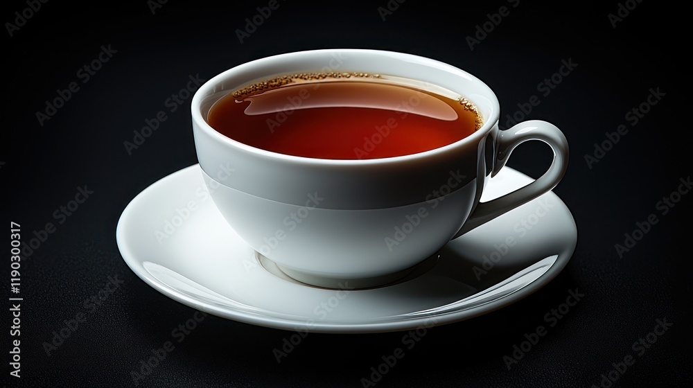 Warm Cup of Tea on Saucer against Black Background Warm Cup of Tea on Saucer against Black Background