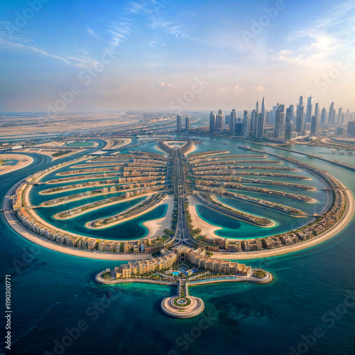 Aerial view of Dubai Palm Jumeirah island, United Arab Emirates
