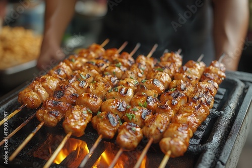 Grilled skewers of marinated meat sizzling on a barbecue at a vibrant outdoor marketplace during lunchtime photo