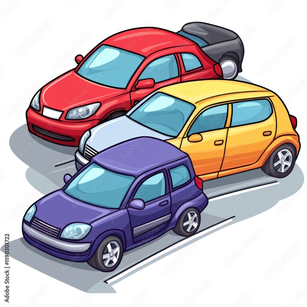 Colorful Cars in a Row: A Delightful Cartoon Illustration of Three Vehicles Parked Neatly. Colorful Cars in a Row: A Delightful Cartoon Illustration of Three Vehicles Parked Neatly.