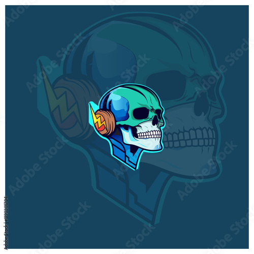 Futuristic Skull with Headphones Vector Art in Neon Style