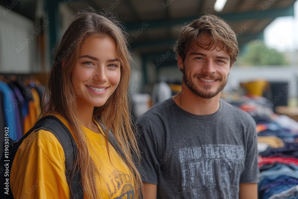 Youthful friends smiling in casual attire during a vibrant market visit in sunny weather