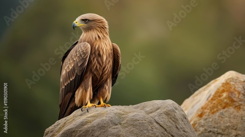 A brown-feathered red-tailed hawk, a wild bird of prey and raptor, perches on a branch in a wildlife portrait photo