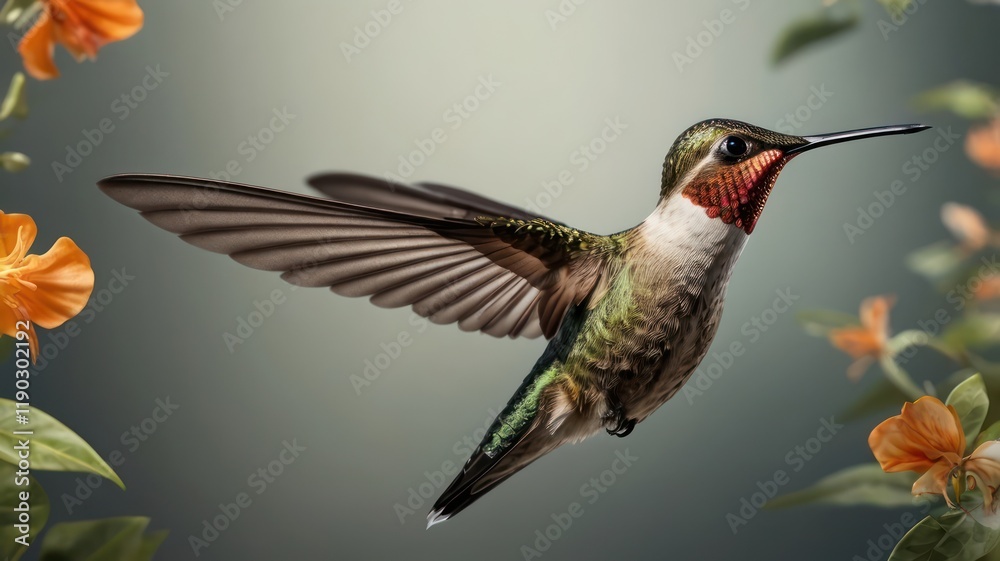 Fototapeta premium A ruby-throated hummingbird, a small avian creature, hovers in flight, its wings a blur as it feeds on a vibrant flower, showcasing wild nature