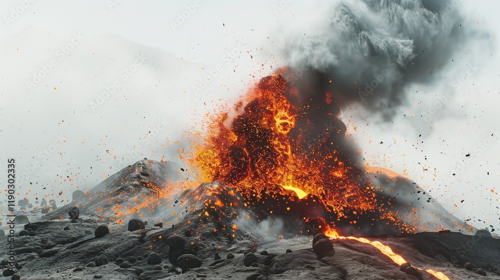 A volcanic eruption with ash clouds and molten lava, captured against a clean white background. A volcanic eruption with ash clouds and molten lava, captured against a clean white background.