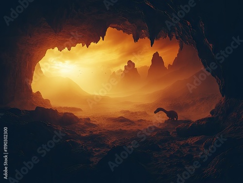 Prehistoric sunset, dinosaur cave, landscape, ancient world, fantasy art