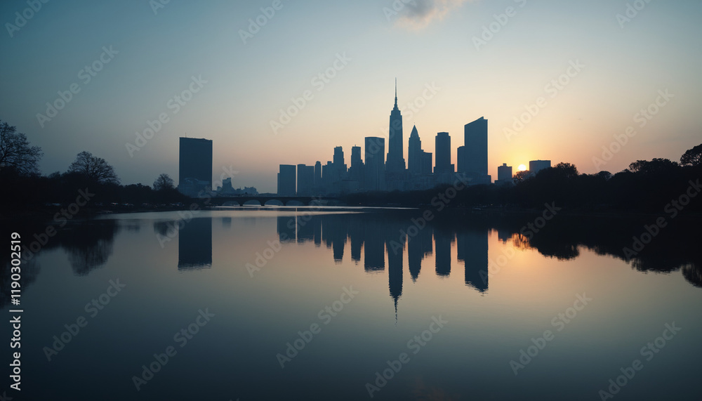Fototapeta premium Cityscape Reflection at Sunset with Vibrant Colors and Modern Architecture