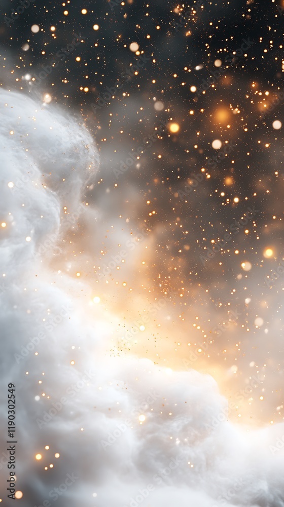 Naklejka premium A bright, abstract sunset of sun and clouds paints the sky with cosmic light over the dark sea, evoking a sense of outer space and celestial mystery