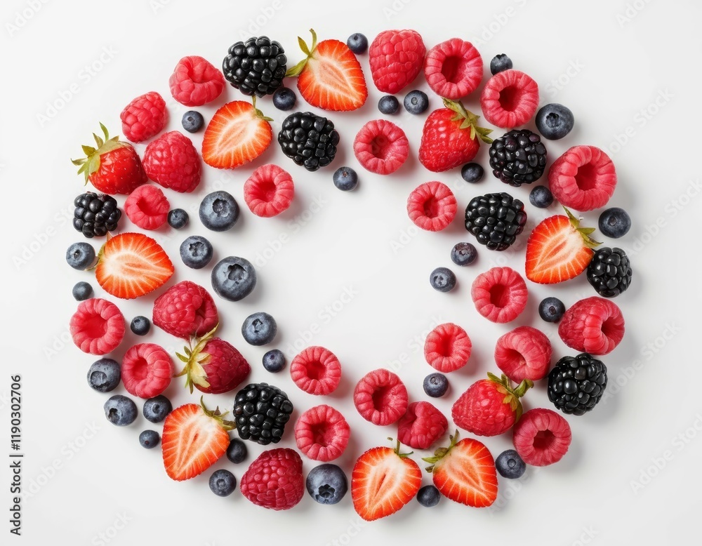 Vibrant Circle of Fresh Summer Berries: Raspberries, Strawberries, Blackberries, and Blueberries Arranged in a Circular Frame on White Background Vibrant Circle of Fresh Summer Berries: Raspberries, Strawberries, Blackberries, and Blueberries Arranged in a Circular Frame on White Background