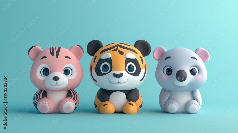 Naklejka premium Three Cute Animal Figurines: Bear, Tiger, Koala on a Light Blue Background