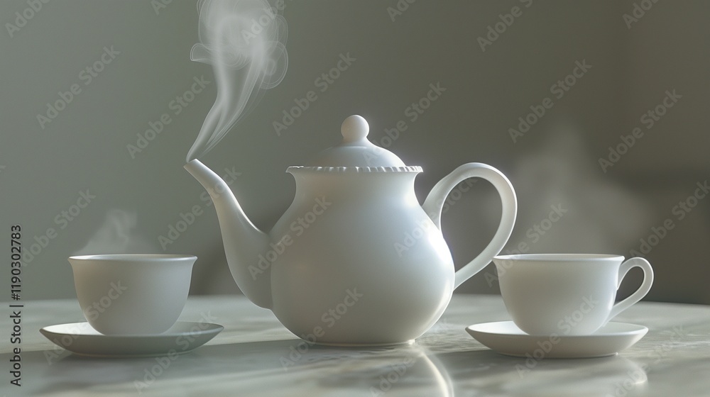 A white ceramic teapot with steam rising from its spout, paired with matching teacups. The captured motion adds life to the serene composition. A white ceramic teapot with steam rising from its spout, paired with matching teacups. The captured motion adds life to the serene composition.