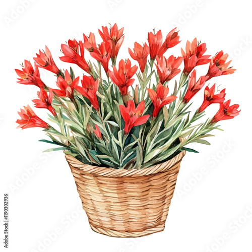 A watercolor painting of an Indian paintbrush bouquet in a basket, isolated on a white background. Indian paintbrush bouquet vector.
