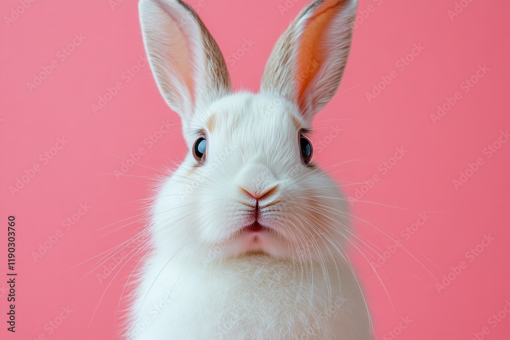 Obraz premium Cute white rabbit with big ears posing against a pink background, showcasing its charming expression and fluffy fur