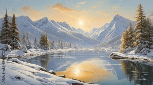 Scenic alpine peaks reflect in the cold, clear water of a snow-lined mountain lake, a breathtaking winter landscape within the national park photo