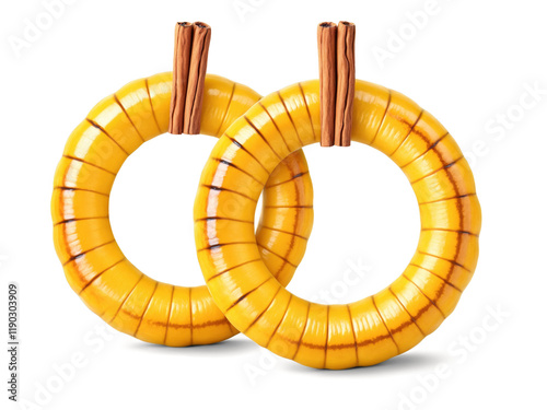 Baked delicata squash rings with maple glaze, caramelized edges, bright yellow flesh, cinnamon stick garnish photo