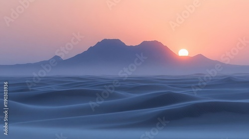 Serene Desert Landscape at Sunrise with Silhouetted Mountains and Rolling Sand Dunes